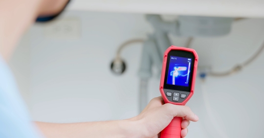 home inspector is using thermal imager to check water leakage situation at kitchen sink tube